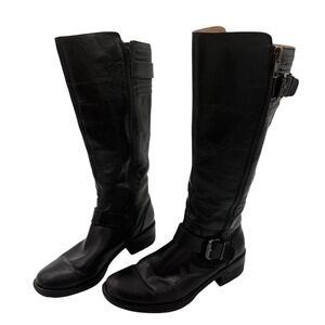 Sofft Tall Black Leather Riding Boots Women's 8M Moto Buckle Zip Knee High